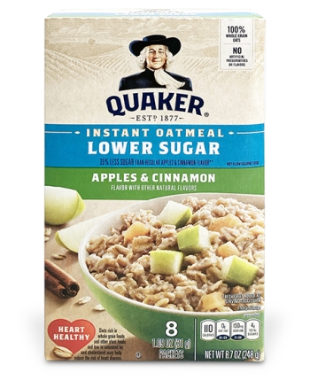 box of Quaker Oats Lower Sugar Apples & Cinnamon Instant Oatmeal