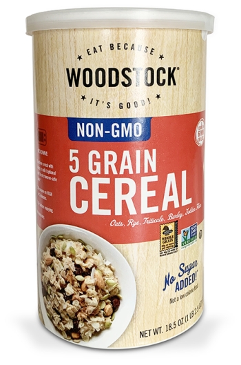 canister of Woodstock 5 Grain Cereal