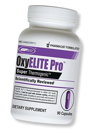 white pill bottle of OxyElite Pro dietary supplement