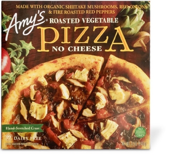 Box of Amy's Roasted Vegetable No Cheese fozen pizza