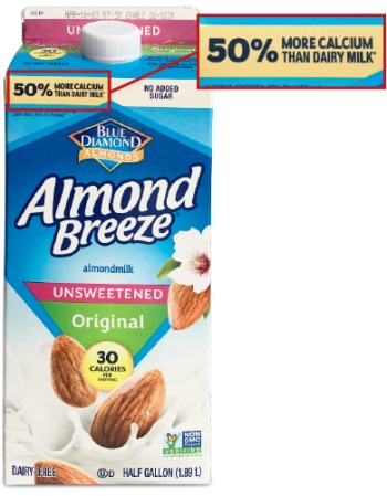 carton of Almond Breeze unsweetened original highlighting the calcium claim