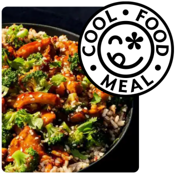 cool food meal emblem overlaid on a stir-fry bowl