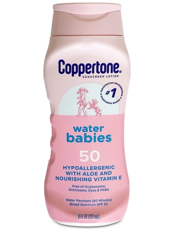 bottle of Coppertone water babies 50 spf sunscreen