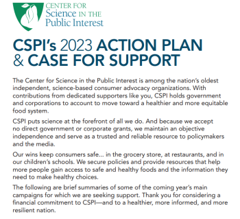 Cover page for CSPI's 2023 Action Plan & Case for Support