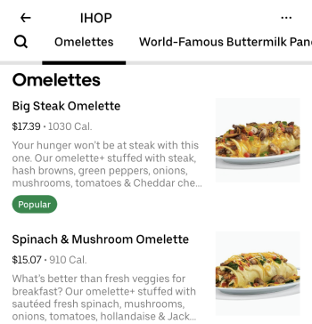 The IHOP menu as displayed on Uber Eats