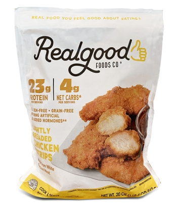 bag of Realgood lightly breaded chicken strips