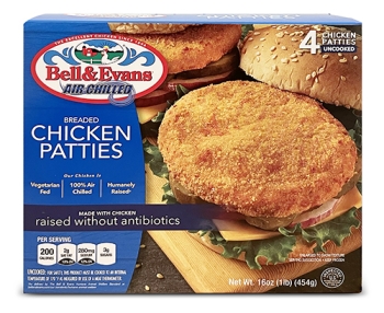 box of Bell & Evans chicken patties