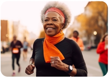 older woman wearing an orange scarf running in a road race.
