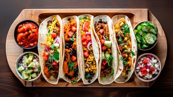 platter of 5 tacos with side dips